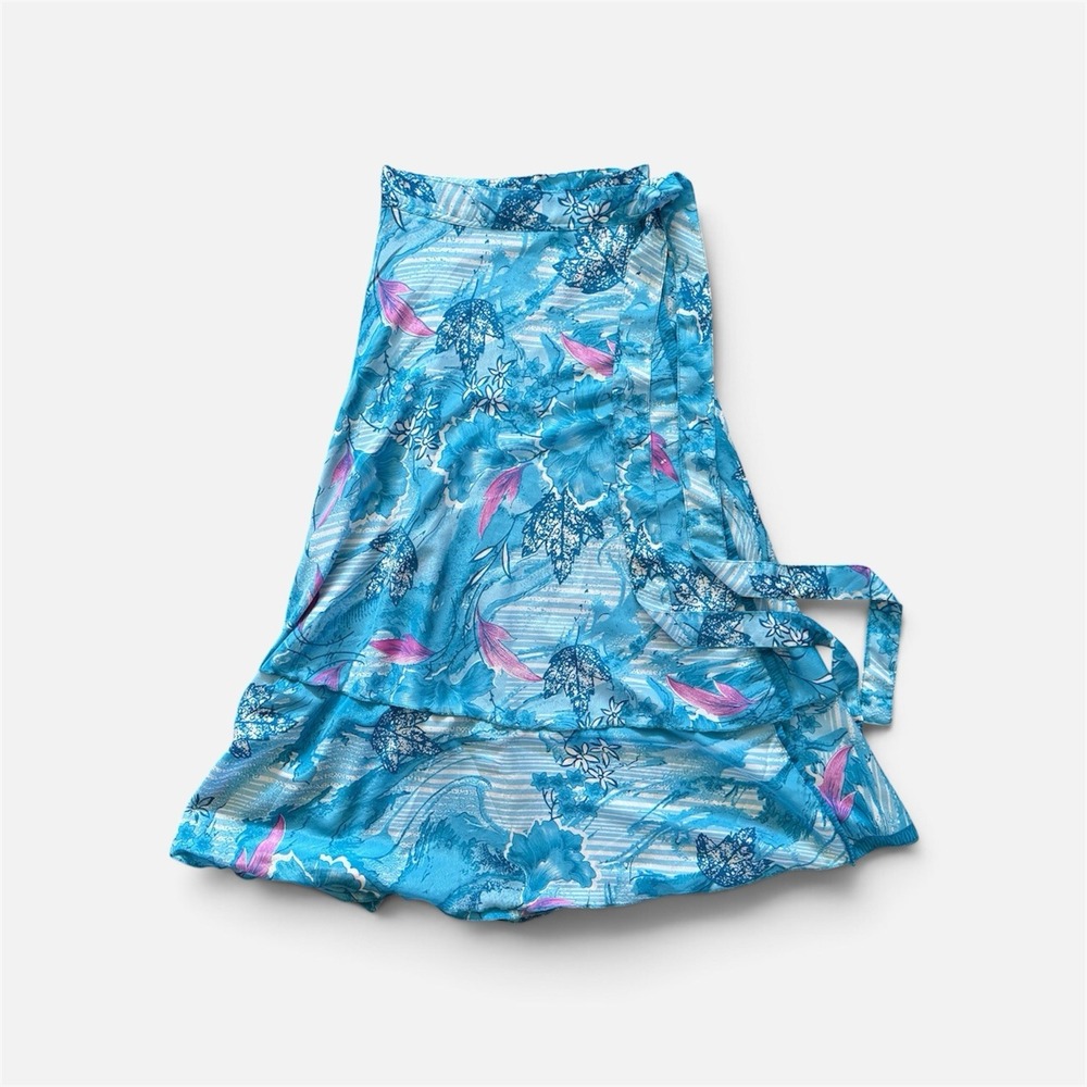 Silk Rayon Wrap Skirt M Boho Tiered Hem Adjustable Tie Waist Blue Resortwear